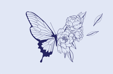 Bright illustration with a butterfly and flowers on a blue background. 