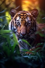 Obraz na płótnie Canvas Tiger in the Jungle focuses on the eyes. generative ai