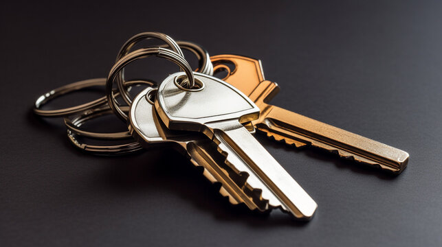 House keys with a keychain on a dark background. The concept of buying or selling real estate.generative ai