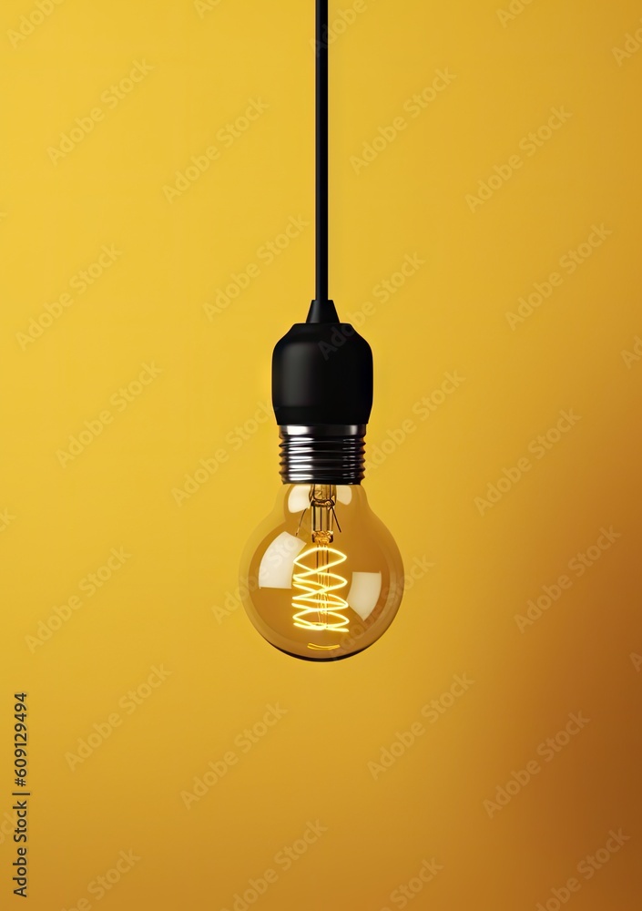 Poster light bulb on yellow background. electricity concept. created with generative ai technology