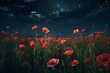 meadow of red poppies at starry night