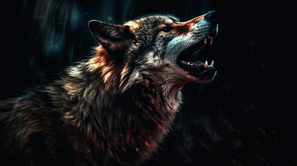 Portrait of a wolf howling on a dark background.generative ai