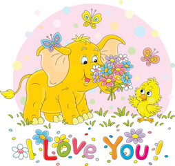 I love you card with a little baby elephant giving a beautiful bouquet of colorful flowers to a happy small chick, vector cartoon illustration isolated on a white background