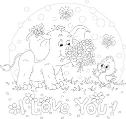 I love you card with a little baby elephant giving a beautiful bouquet of summer flowers to a happy small chick, black and white outline vector cartoon illustration
