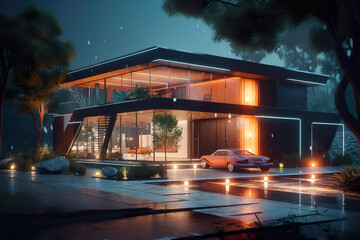 A car is parked in front of a modern house. Generative AI. Futuristic mid century house.