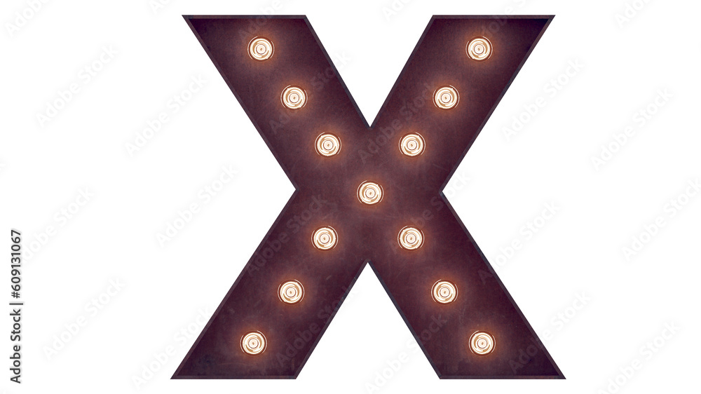 Fototapete light bulb glowing letter alphabet character x font. front view illuminated capital symbol on black 