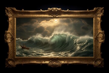 Old antique gold frame with an oil painting of the ocean with big plashing waves and cinematic light, Created with generative AI tools