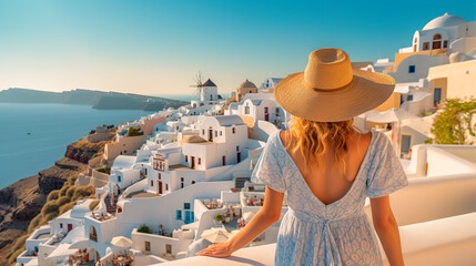 Obraz premium Girl in a sun hat on an island overlooking the ocean. Generative AI