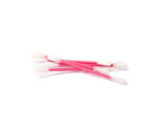 White cotton swabs isolated on white background. Cotton buds. Plastic cotton swabs. Eco friendly. Hygienic cotton swabs for ears. Place for text. Place to copy.