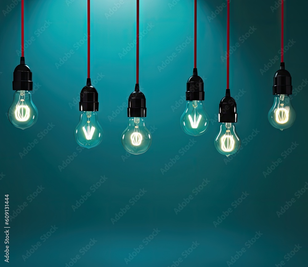 Poster led bulb and simple light bulbs.blue background created with generative ai technology
