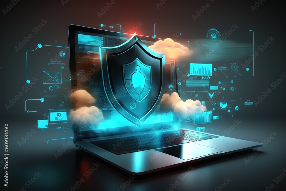 Wall mural cyber security, data protection, cyberattacks concept on blue background. database security software