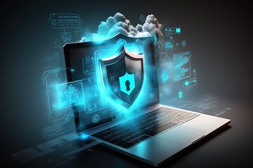 Cyber security, data protection, cyberattacks concept on blue background. Database security software development. Online security concept. Laptop protected with shield. AI