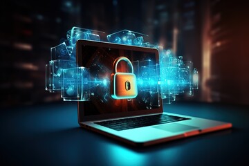 Cyber security, data protection, cyberattacks concept on blue background. Database security software development. Online security concept. Laptop protected with shield. AI