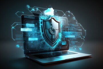 Cyber security, data protection, cyberattacks concept on blue background. Database security software development. Online security concept. Laptop protected with shield. AI