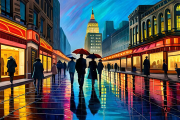 Fototapeta na wymiar A vibrant city street during a rainy evening, with colorful umbrellas dotting the scene, reflections of neon lights shimmering on the wet pavement, and people rushing by with umbrellas in hand,