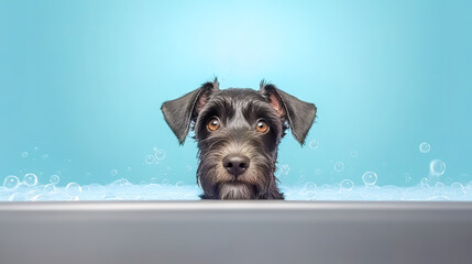cute dog, black schnauzer have a bath, banner, made with Generative AI - obrazy, fototapety, plakaty