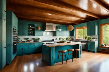 modern kitchen interior, hardwood floor, furniture, real estate home, no people, generative ai