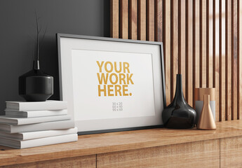 Horizontal Poster Art Frame Mockup with passepartout in room with wooden wall