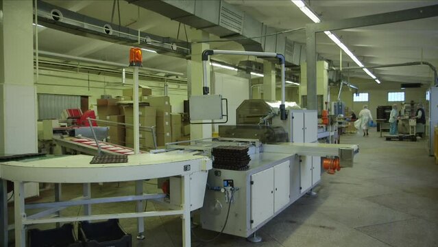 static wide shot of chocolates in a package on a conveyor line in a chocolate factory