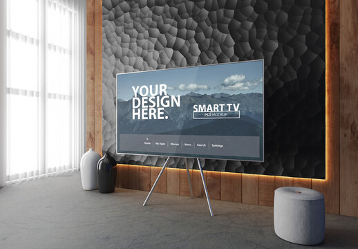 Smart Tv Mockup on metal stand in modern living room with black stone wall