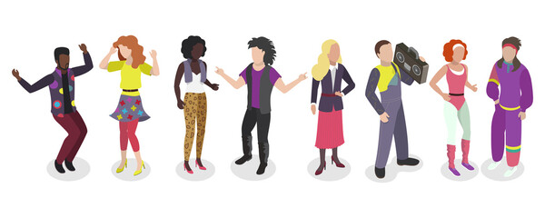 3D Isometric Flat  Set of People with 90s Outfit