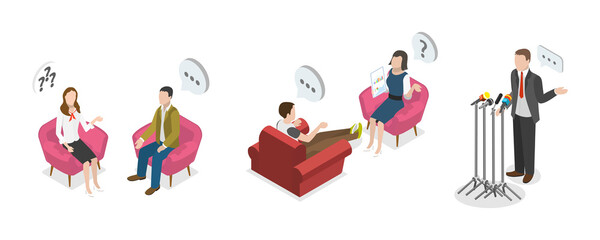 3D Isometric Flat  Conceptual Illustration of TV Interview