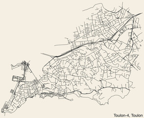 Fototapeta na wymiar Detailed hand-drawn navigational urban street roads map of the TOULON-4 CANTON of the French city of TOULON, France with vivid road lines and name tag on solid background