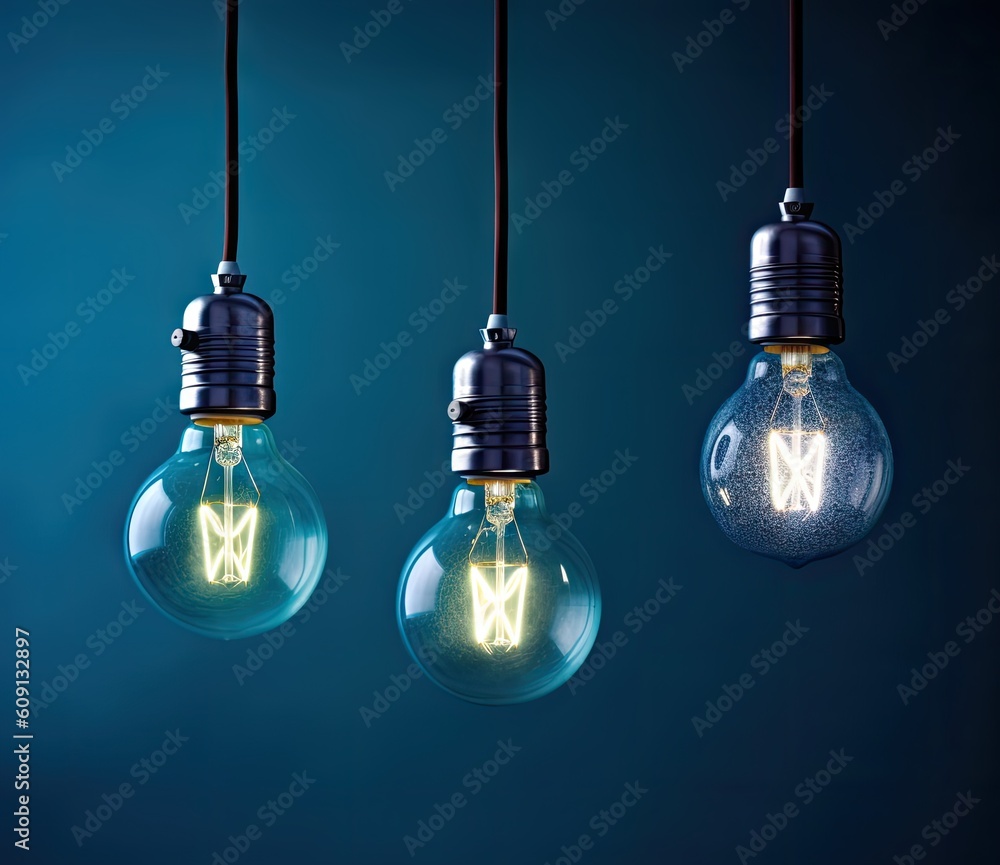 Poster led bulb and simple light bulbs.blue background created with generative ai technology