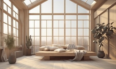  a living room with a couch, potted plant, and large windows.  generative ai