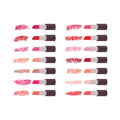 Big Lipstick set on white background and pink red and purple smears.