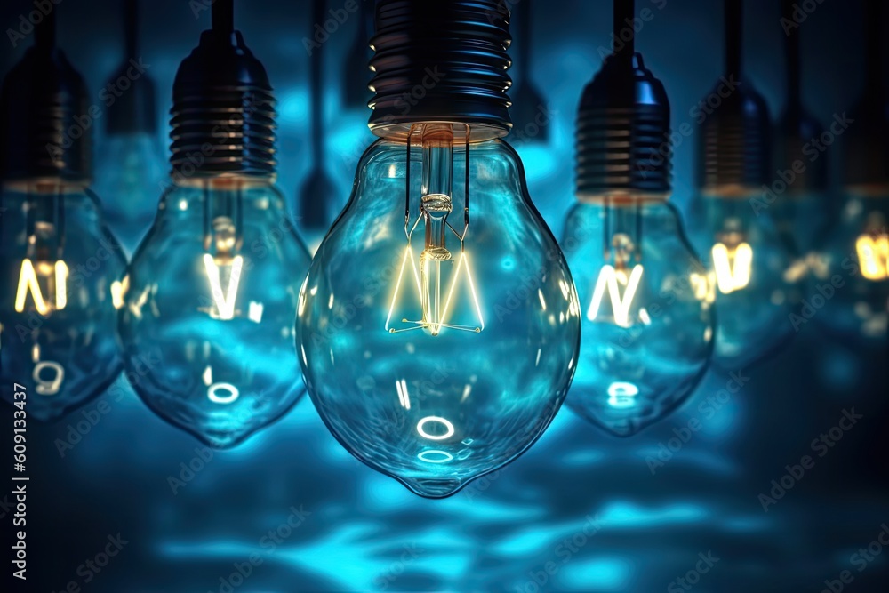 Aufkleber led bulb and simple light bulbs.blue background created with generative ai technology
