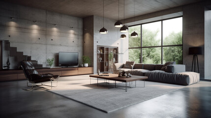 Modern loft living room interior design 3d rendering image.There are sofas, coffee table, sofa, coffee table and other things.generative ai