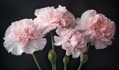 Naklejka na ściany i meble three pink carnations in a vase on a black background. generative ai