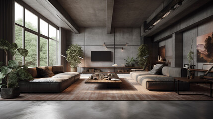 Fototapeta na wymiar Modern loft living room interior design 3d rendering image.There are sofas, coffee table, sofa, coffee table and other things.generative ai
