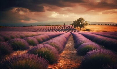  a field of lavender flowers with a lone tree in the distance.  generative ai