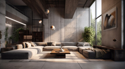 Fototapeta na wymiar Modern loft living room interior design 3d rendering image.There are sofas, coffee table, sofa, coffee table and other things.generative ai
