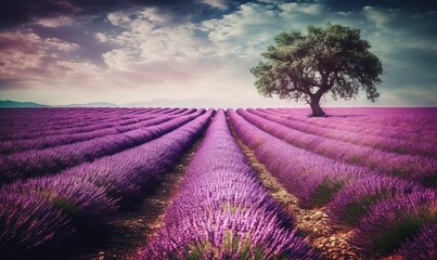Fototapeta na wymiar a lone tree in a lavender field under a cloudy sky. generative ai