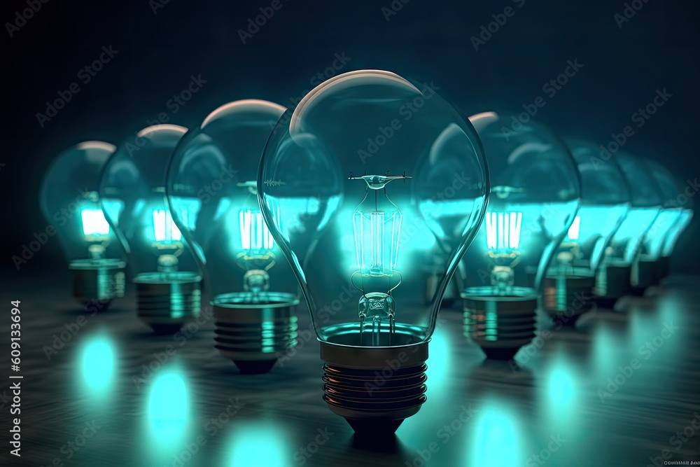 Aufkleber led bulb and simple light bulbs.blue background created with generative ai technology