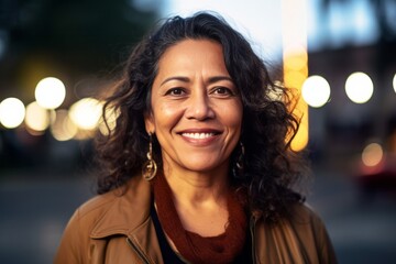 Portrait of a smiling, confident middle-aged Hispanic woman standing against the bustling backdrop of a city, radiating positivity and assurance, generative ai