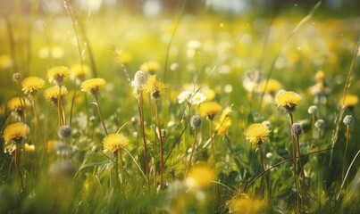  a field full of yellow dandelions in the sunlight.  generative ai