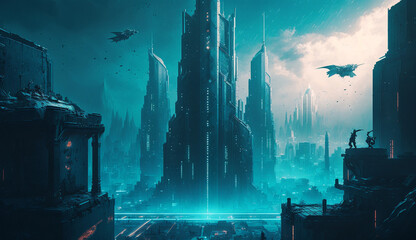 A cyberpunk cityscape with a blue technology lights background- Generative AI