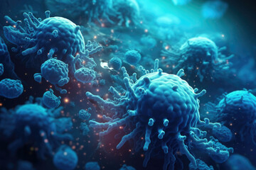 A background with a macro shot of various microbes, virus cells and bacteria. Generative AI