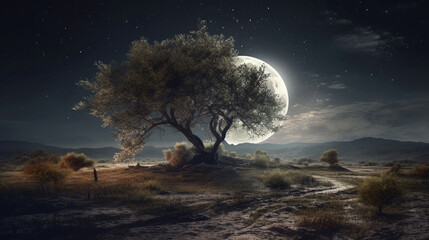 Obraz na płótnie Canvas Fantasy landscape with big tree and full moon. generative ai
