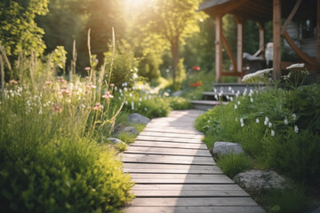 Obraz premium Wooden path in garden leading to cottage. Generative AI