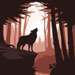 A wolf in the forest with the moon. Beautiful landscape