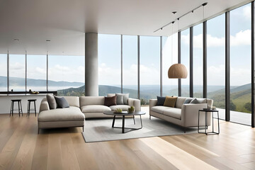 A modern living room with clean lines, minimalist furniture, and large windows that offer a panoramic view of a serene natural landscape