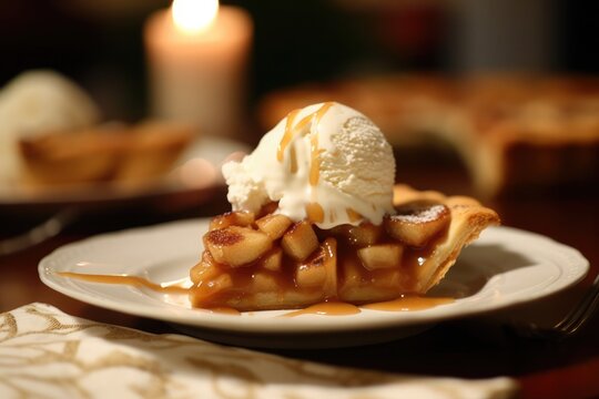 Amazing Apple Pie with ice cream on white plate with blurred items in background. AI Generated