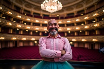 Fototapeta na wymiar Portrait of a senior man in a pink shirt and blue skirt standing with his arms crossed in front of an empty theater