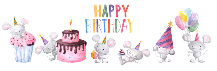 Big watercolor set of different cartoon mice: with cake, gift box,bunch of balloons, in party hats as Birthday party isolated elements.