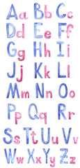 Handwritten aquarelle red and blue letters for writing words, book, card for education.Watercolor hand drawn painted kids alphabet of english language.Isolated